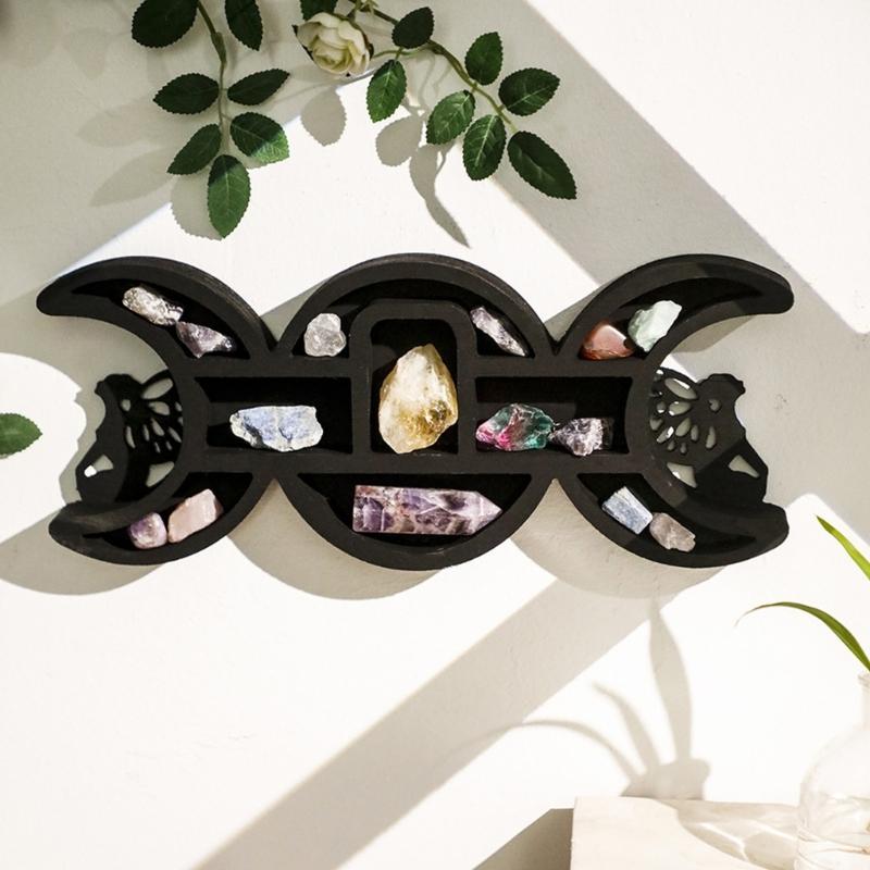 Black Fairies Moon Design Wooden Wall Crystal Display Hanging Shelf With Multi Compartments For Artistic Storage Solution