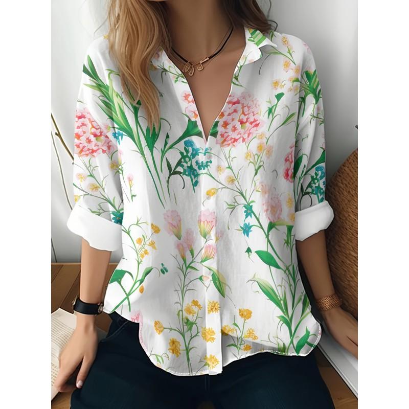 Womens Loose Fit Long Sleeve Cotton Linen Shirt With 3D Floral Print Casual Blouse 2025