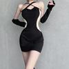 Sexy Pure Sexy Dress Sweet and Spicy Retro Contrast Color Hanging Neck Dress Show Waist Slimming Skirt Sexy Open Shoulder Wrap Hip Skirt