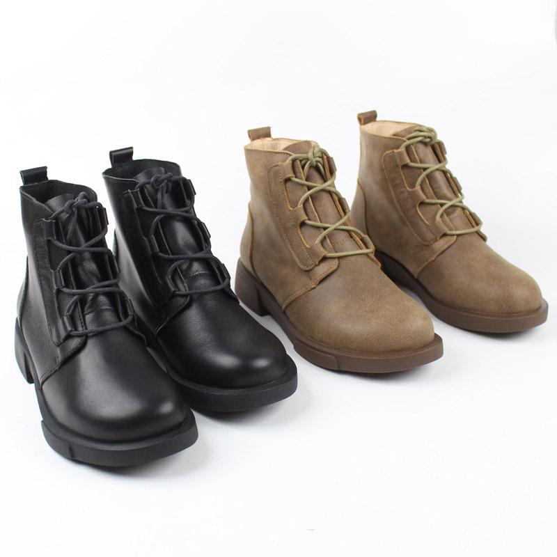 Fashion Cowhide Women's Ankle Boots Flat Leather Vintage Leather Shoes Winter Ankle Boots Heavy-bottomed Platform lacing
