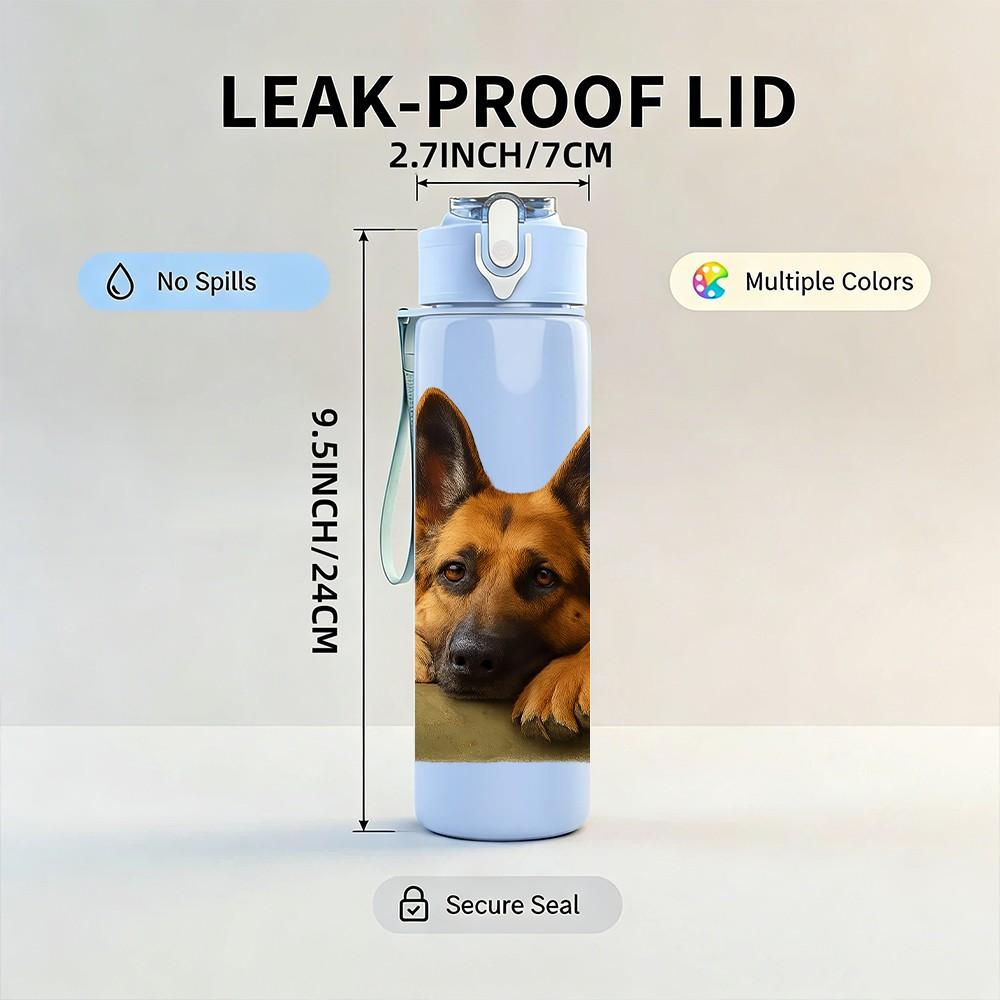 1PC German Shepherd Sit Pose 750ml Color Plastic Sports Water Bottle Leakproof Flip Straw Lid Suitable for Sports Office Home Use