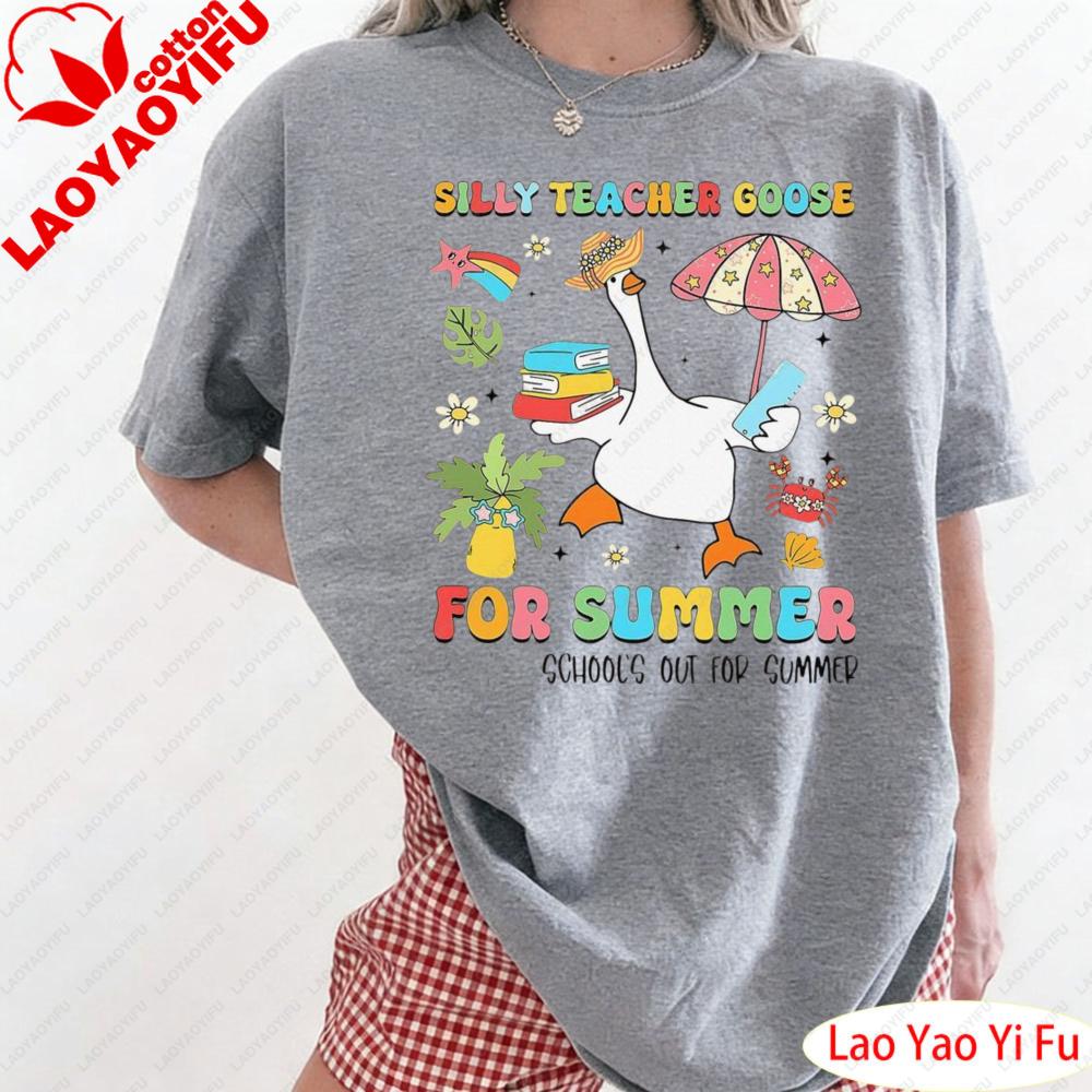 Cute Cartoon Duck Printt Shirt Colorful Graphic Print Tops Silly Teacher Goose on The Loose Summer Clothes Streetwear