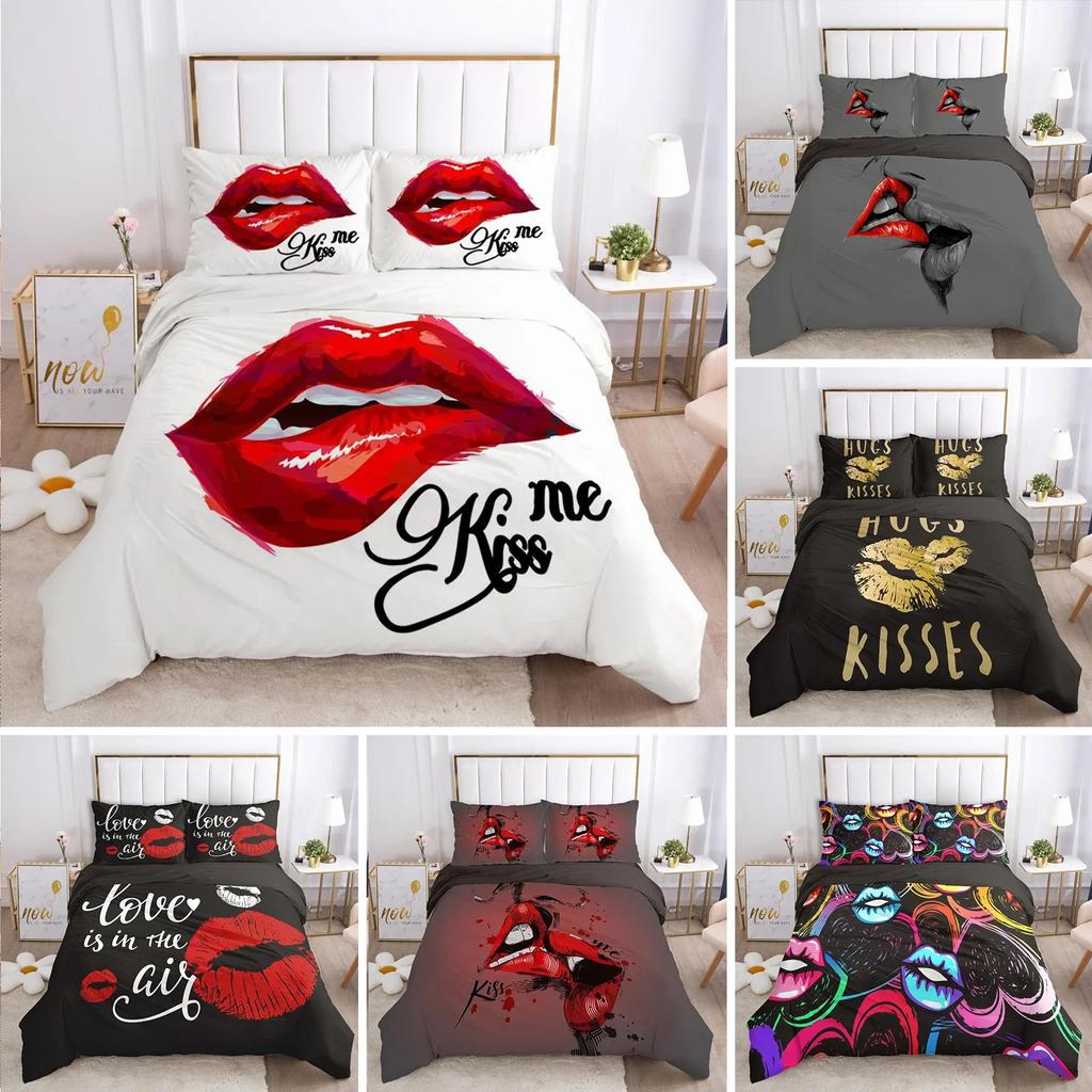 Amor Labial Rojo Tema Sexy Marcas de Beso Cómodo Edredón Funda de Edredón Funda de Almohada Juego de Ropa de Cama Decoración Habitación Infantil Textil para el Hogar