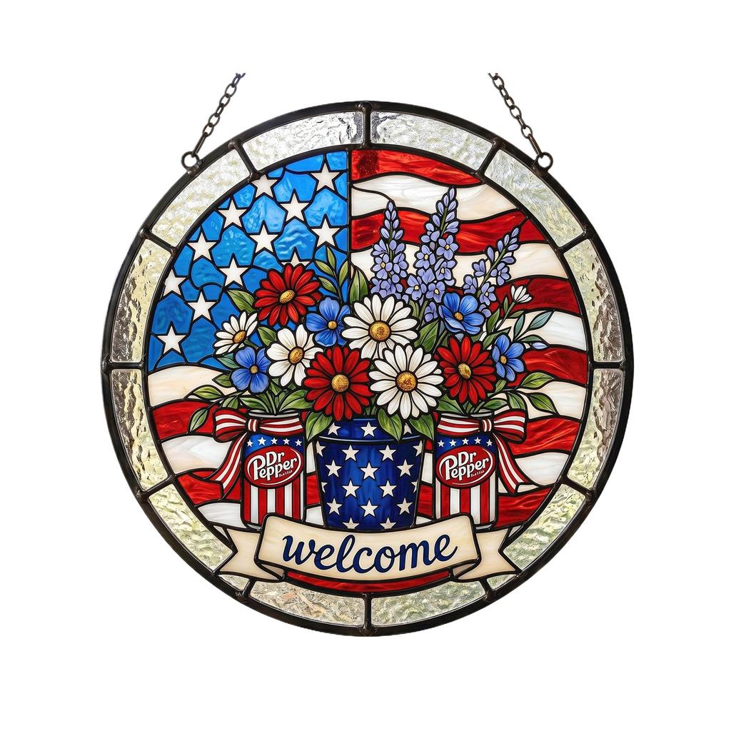 American 0th Anniversary Stained Glass Acrylic Suncatcher, Patriotic Flower Vase Window Hanging Decor