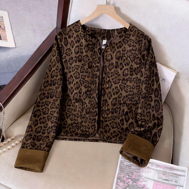 Women's Leopard Print Patchwork Color Block Jacket, Coco Style, New for Spring/Autumn 2025