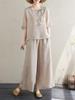 Summer New Arrivals: Artistic Retro Short-Sleeved Top & Pants Two-Piece Set for Mothers, Cotton Linen Blend