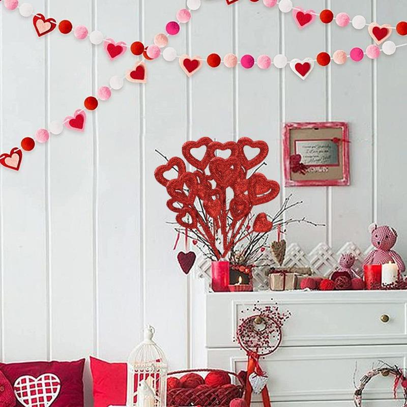 Glitter Heart Shaped Picks Foam Hearts Floral Sparkly Stick For Valentine's Day Wedding Party Decorations Home Vase Supplies