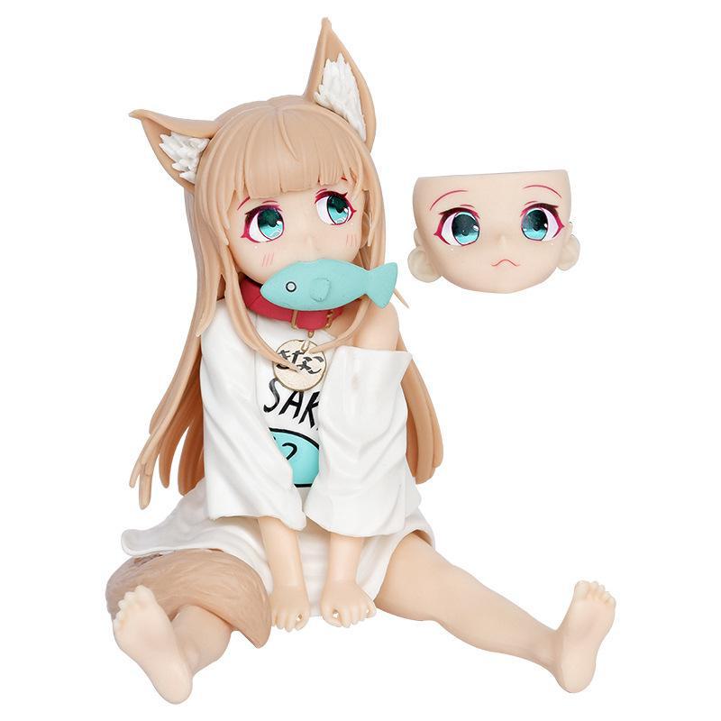 Handmade Cat Girl Eating Fish Soybean Powder Model – Cute and Beautiful Design