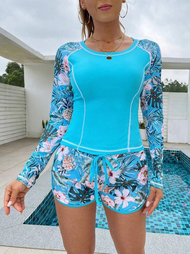 Langarm Tauchanzug mit Blumendruck und Badehose Strand- und Resort-Bademode für Damen