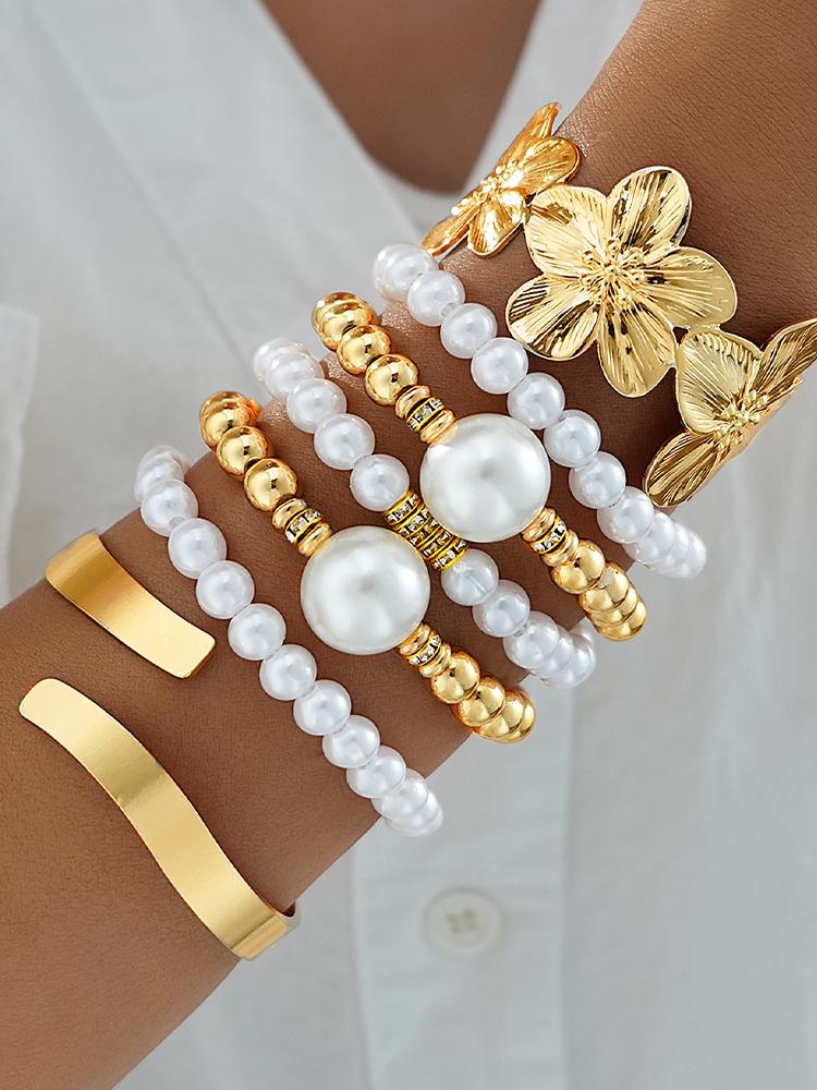 

7Pcs Gold Color Bracelet Set For Women Fashion Pearl Flower Stackable Bangle Trendy Wristband Boho Jewelry Party Daily Wear Gift