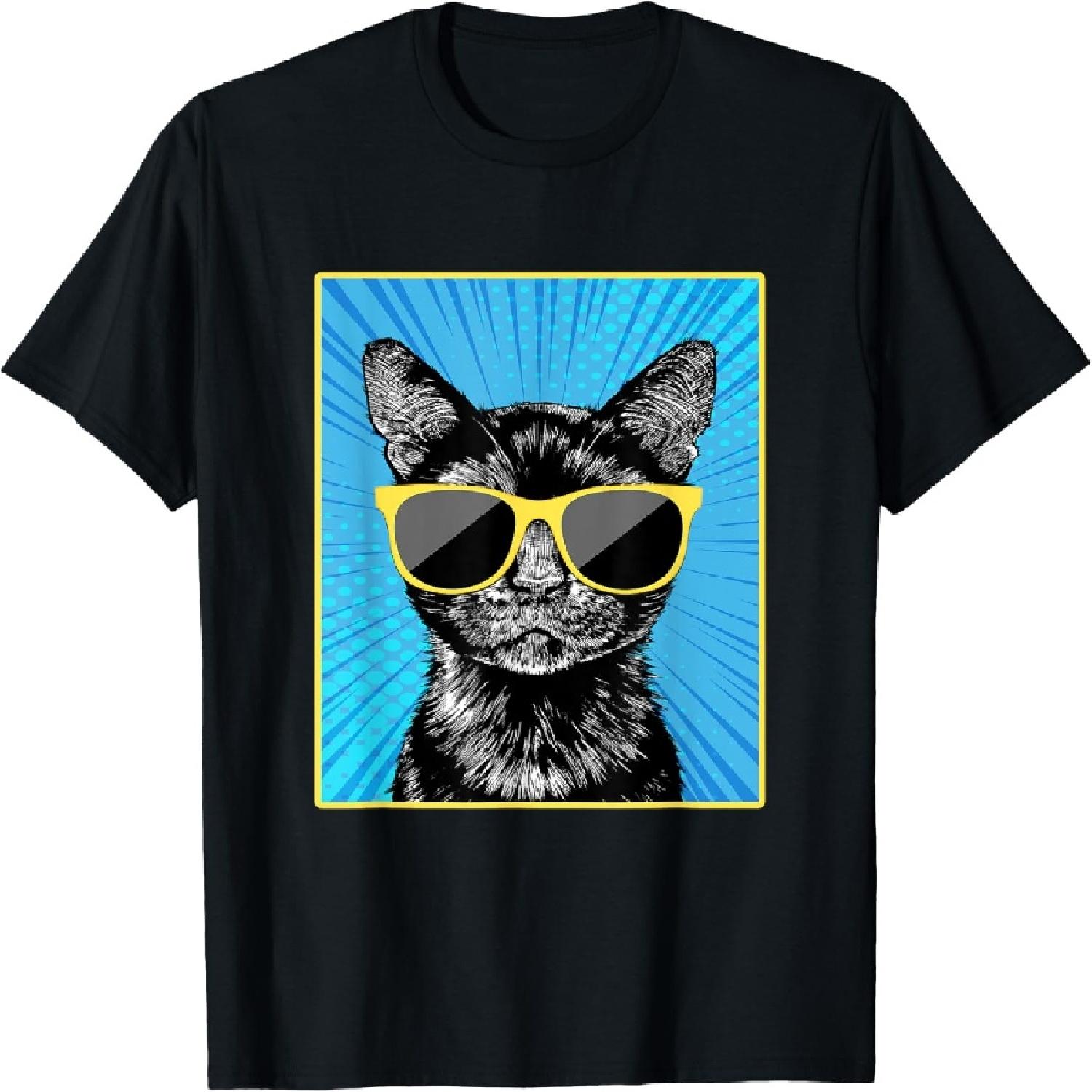 Black Cat Portrait Pop Art Cat with Sunglasses Men Women Kids T-Shirt S