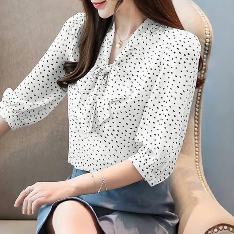 

ZANZEA Женская повседневная блузка с круглым вырезом, рукавами 3/4, свободного кроя, в горошек с бантами 2XL