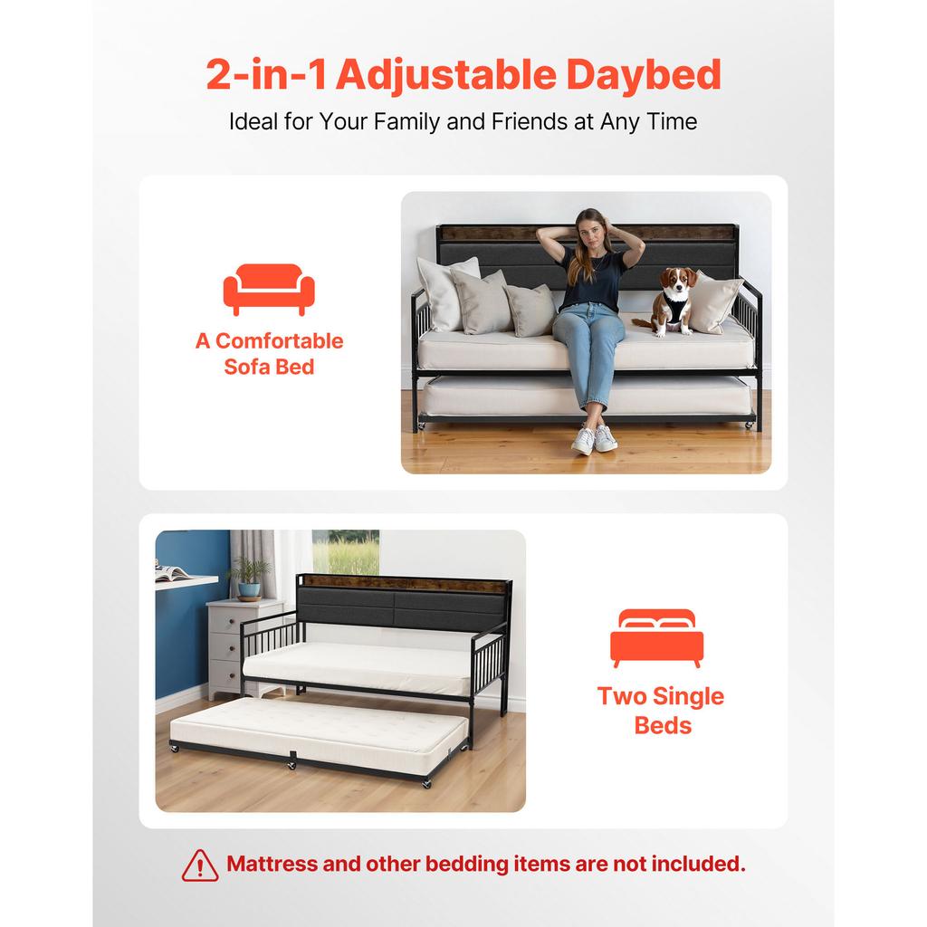 SucceBuy Twin/Full Size Daybed Frame Day Bed w/ Trundle and Charging Station w/Metal Slats Support for Living Room Easy Assembly