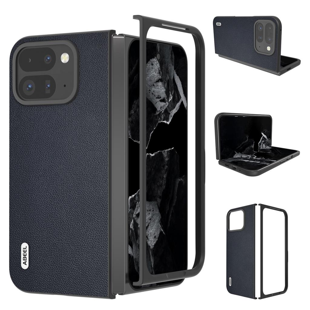 ABEEL For Google Pixel Fold 2 Case Genuine Cow Leather PC Phone Cover Black Edge