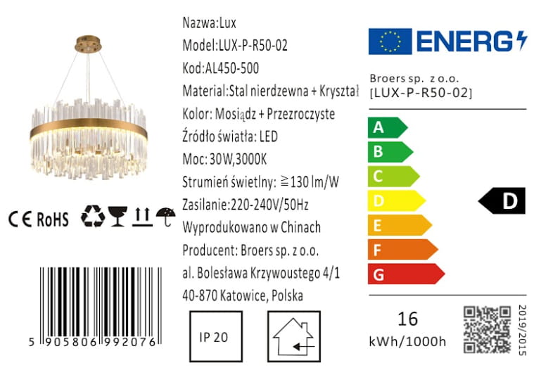 Lux - LED Crystal Chandelier Ring 50cm Brass Gold