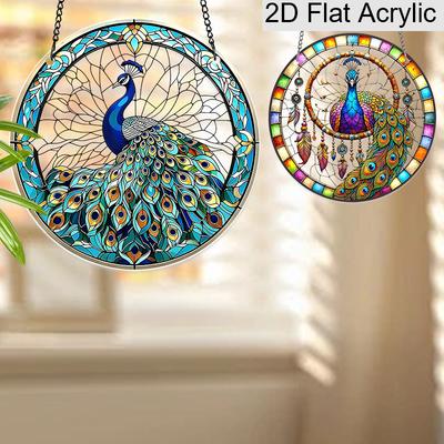 2D Flat Acrylic Peacock Suncatcher Decorative Hanging Ornament, 7.87/11.81inches Stained Colorful Home Window Porch Wall Garden Tree Decor, Indoor