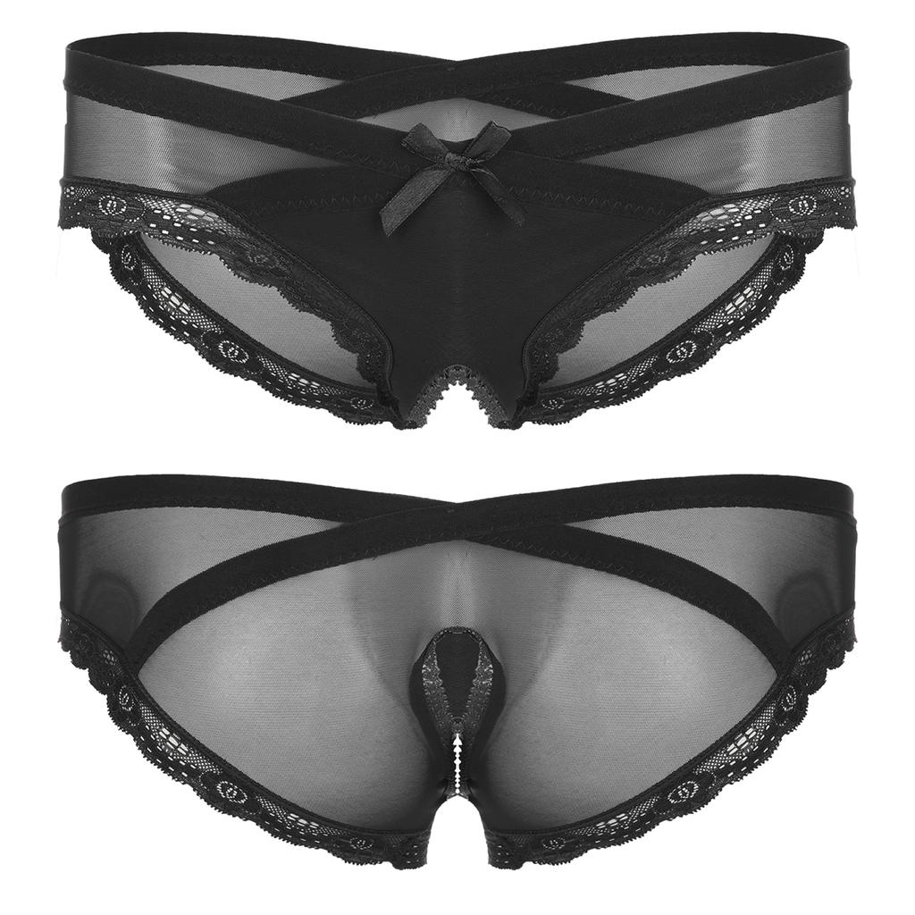 Pánské průsvitné bezrozkrokové kalhotky ze síťoviny s krajkovým lemem kalhotky Cross-dresser Sissy spodní prádlo