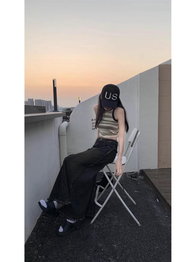 Women's Black Denim A-Line Midi Skirt with Raw Hem for Spring/Autumn 2025