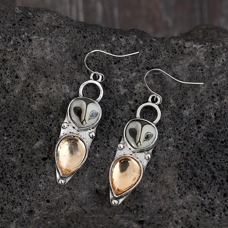 Vintage Water Droplets Champagne Color Stone Earrings Metal Silver Color Patterned Owl Dangle Earrings for Women Jewelry