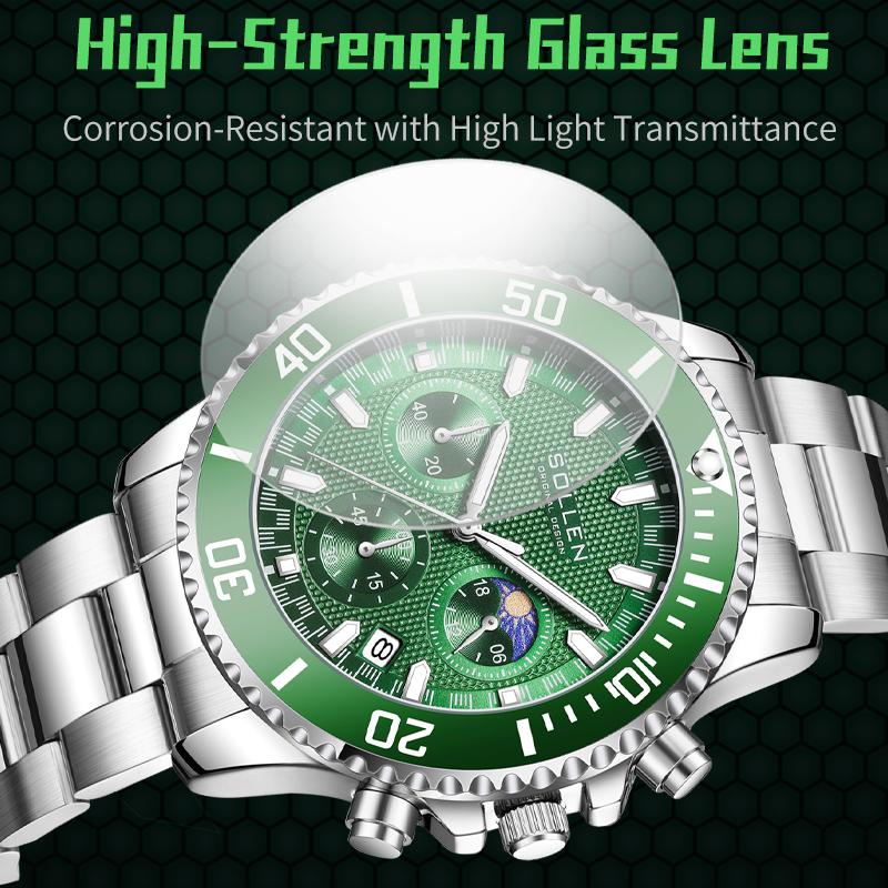 Luxury Retro Men's Watch Fashionable Waterproof Watches for Man Quartz Wristwatches Green Dial Stainless Steel Strap Reloj Mujer