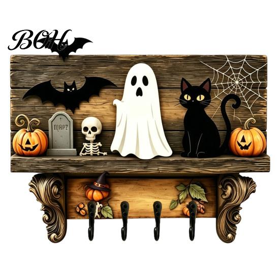 Functional Wooden Key Storage Halloween Holder, Lady Ghost Holder with 4 Hooks, Wall Home Decor Mounted Spooky Rack Organizer for Entryway Hallway