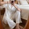 1011 new pajamas women's summer ice silk short-sleeved trousers set Korean fresh cartoon printed loungewear