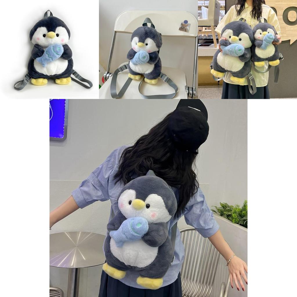 Cartoon Penguin Plush Backpack For Girls With Soft Faux Fur And Zip Closure