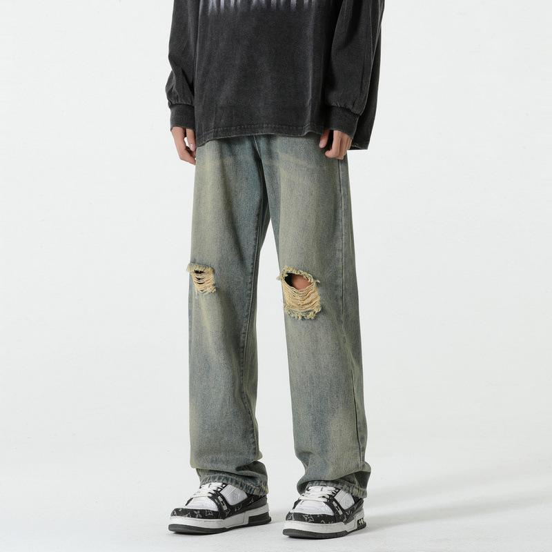 

Рваные прямые джинсы мужские Новые мужские брюки Широкие свободные повседневные мужские брюки Американский хай-стрит 3XL