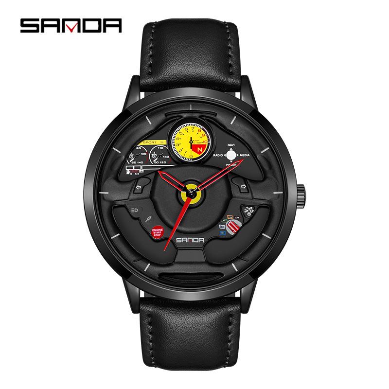 Sanda 3D Steering Wheel Men s Watch with Hollow Dial and Steel Band