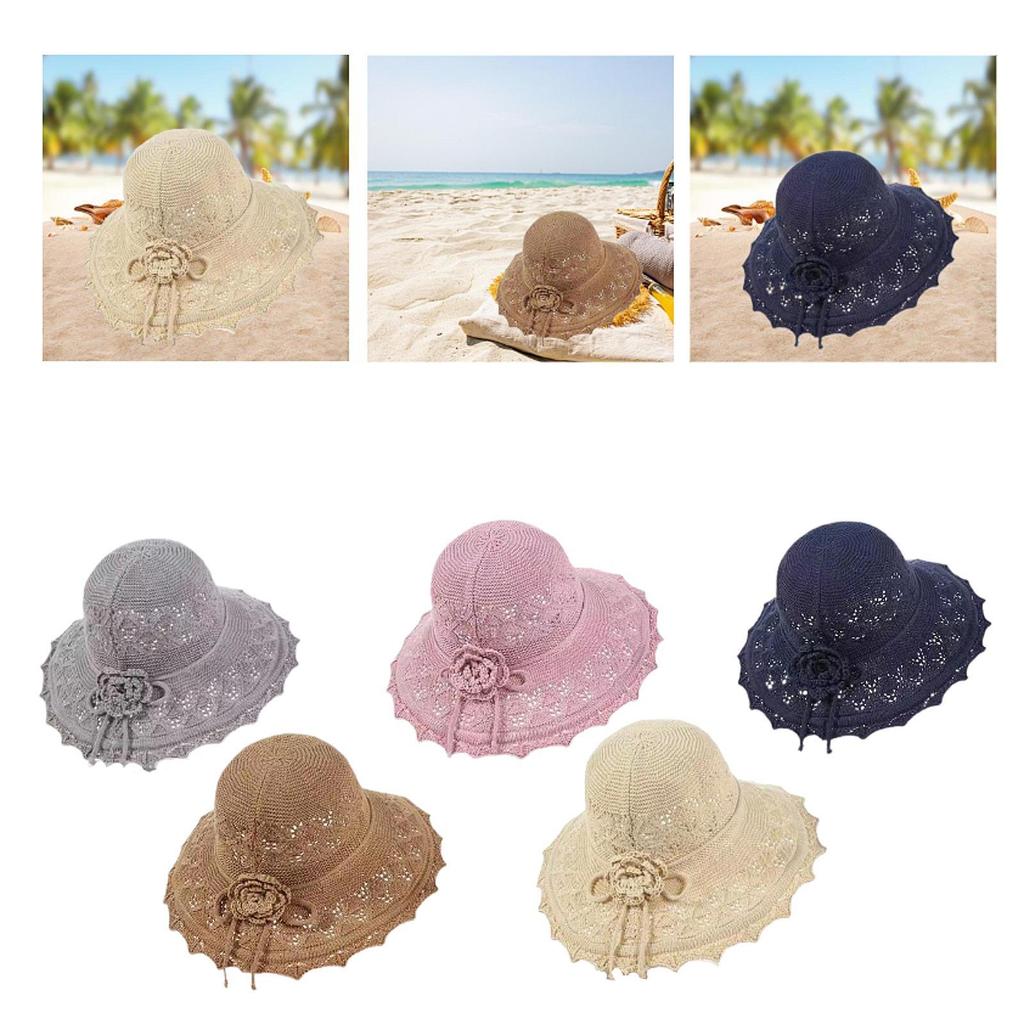 Sun Hat Large with Crocheted Flower Fashionable for Women Ladies Woven Beach Hat for Travel Seaside Holiday Vacation Outdoor