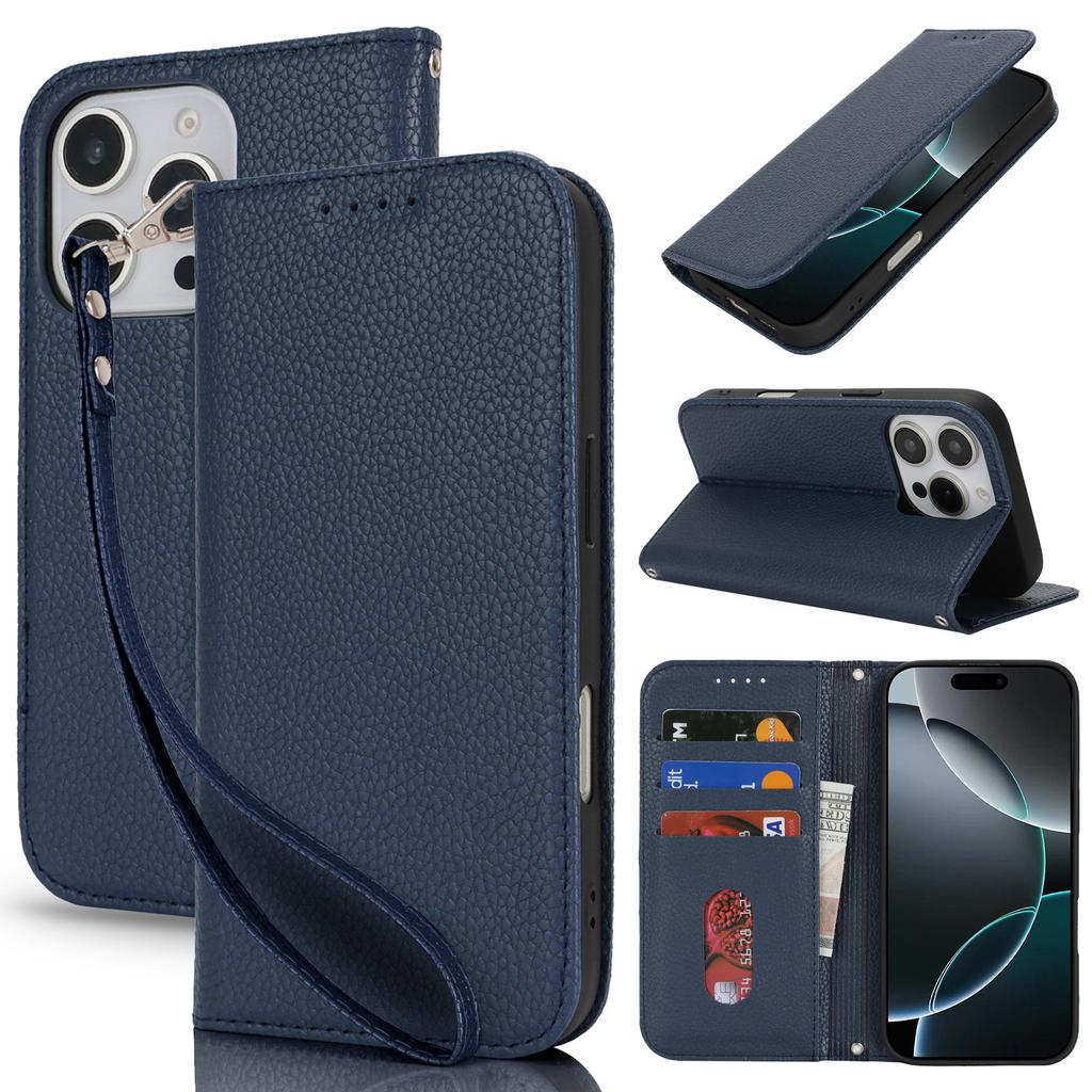 Applicable to iPhone16 mobile phone leather case 17Pro lychee pattern flip magnetic card holder portable rope 14plus