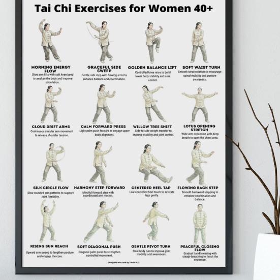 Plakát Tai Chi na židli Bez rámu Plakát s Tai Chi sestavou Jasné vizuální pokyny Tabulka cvičení vsedě pro seniory Začátečníky Jemné židle
