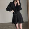 Women's Petite French Polka Dot V-Neck Long-Sleeve Belted Dress - Short Skirt for Spring & Autumn.