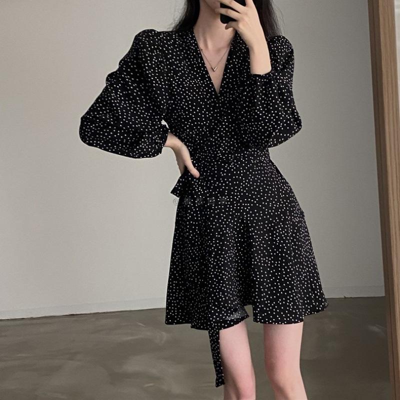 Women's Petite French Polka Dot V-Neck Long-Sleeve Belted Dress - Short Skirt for Spring & Autumn.