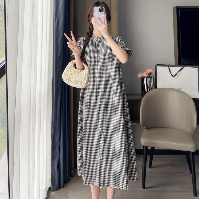 Japanese retro plaid dress women s summer new niche round neck loose shirt long dress S