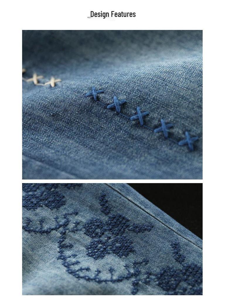 Damen Retro Stickerei Elastischer Bund Schnürung Denim Shorts - Große Größen, Fünf-Punkt Gerades Bein, Sommer 2026 Kollektion.