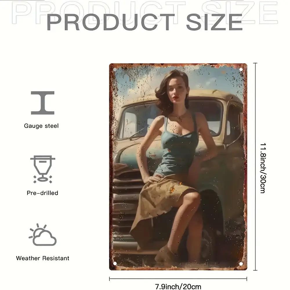 Retro Lady Classic Car Metal Sign X Inch Unframed PreDrilled Weatherproof Wall Art Home Caf Office Decor