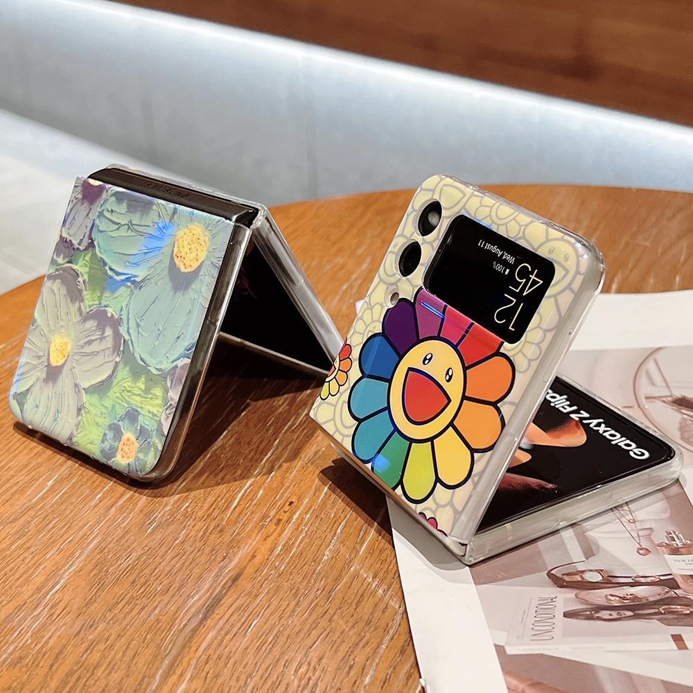 Koreanischen Stil Nette Cartoon Lächeln Sonne Blume Blue Ray Telefon Fall Für Samsung Galaxy Z Flip 3 5g Harte PC Zurück Abdeckung