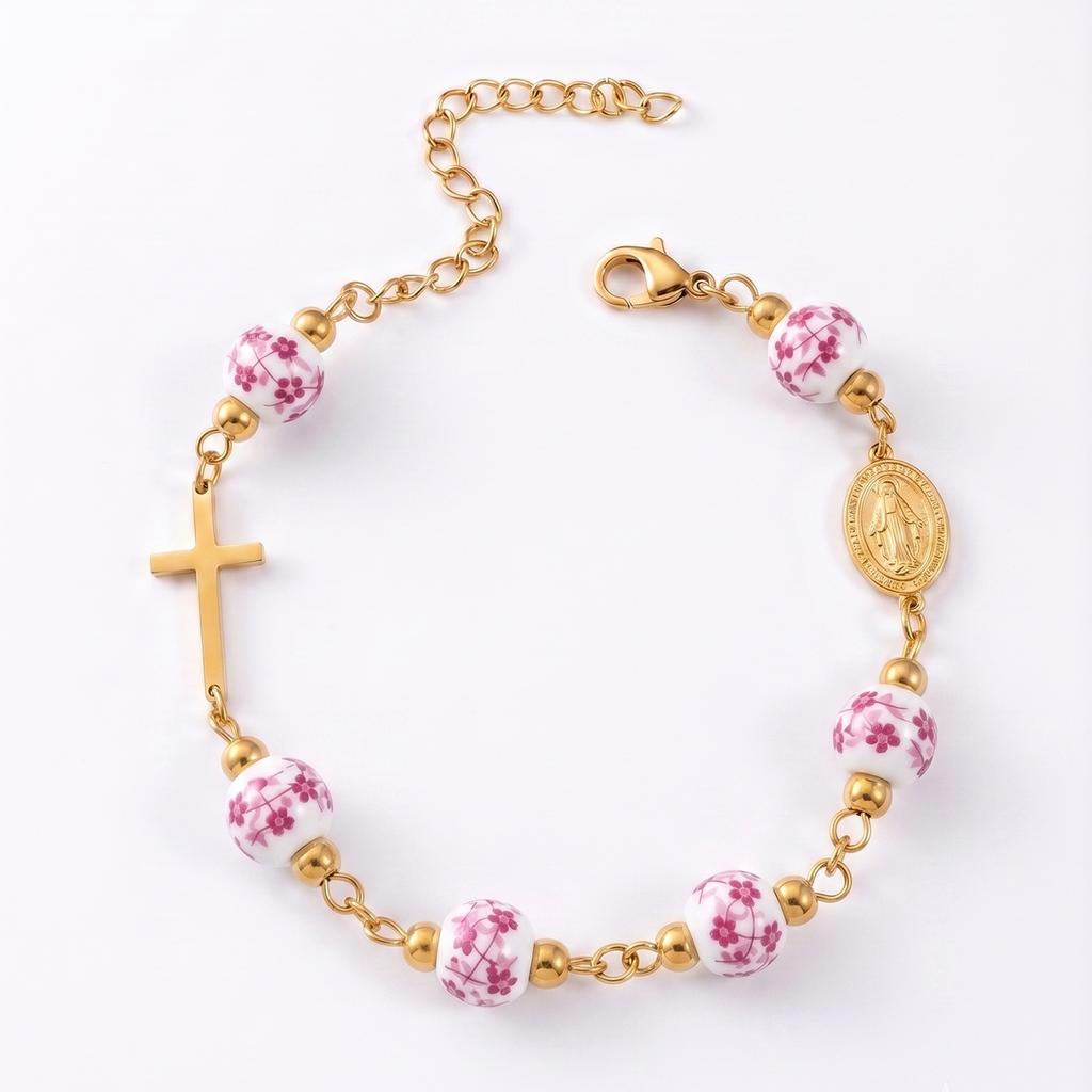 Stainless Steel Virgin Mary Cross Bracelet Floral Ceramic Beads Catholic Miraculous Medal Jewelry