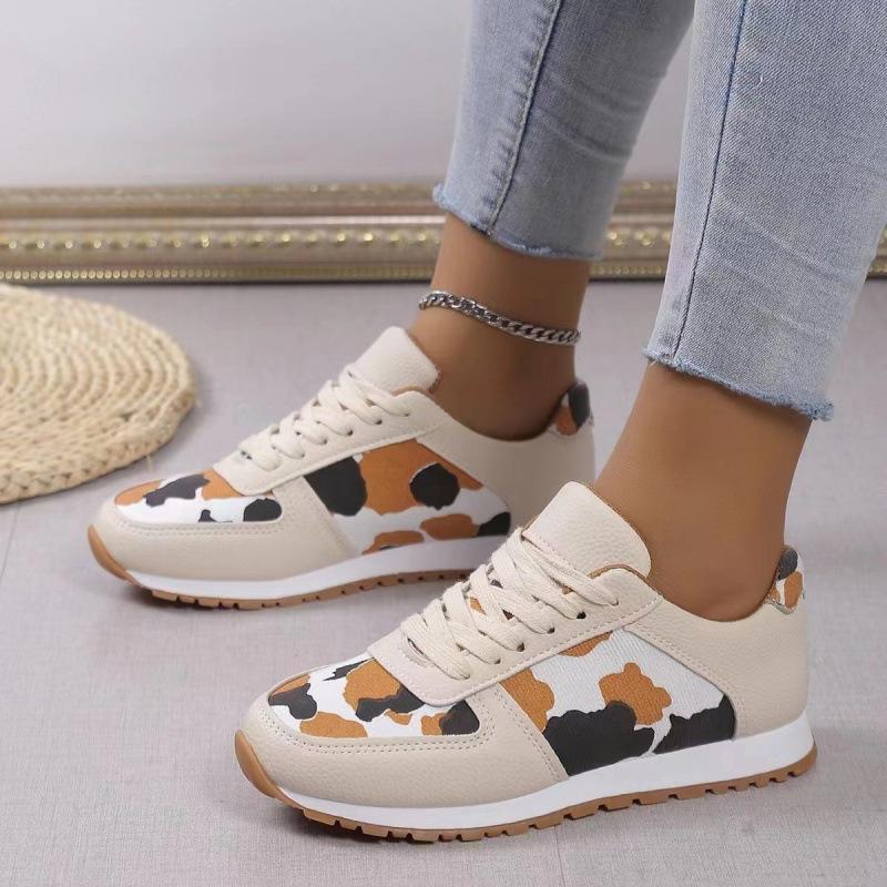 New platform leopard print lace-up casual sports shoes women's large size low-top single shoes running shoes