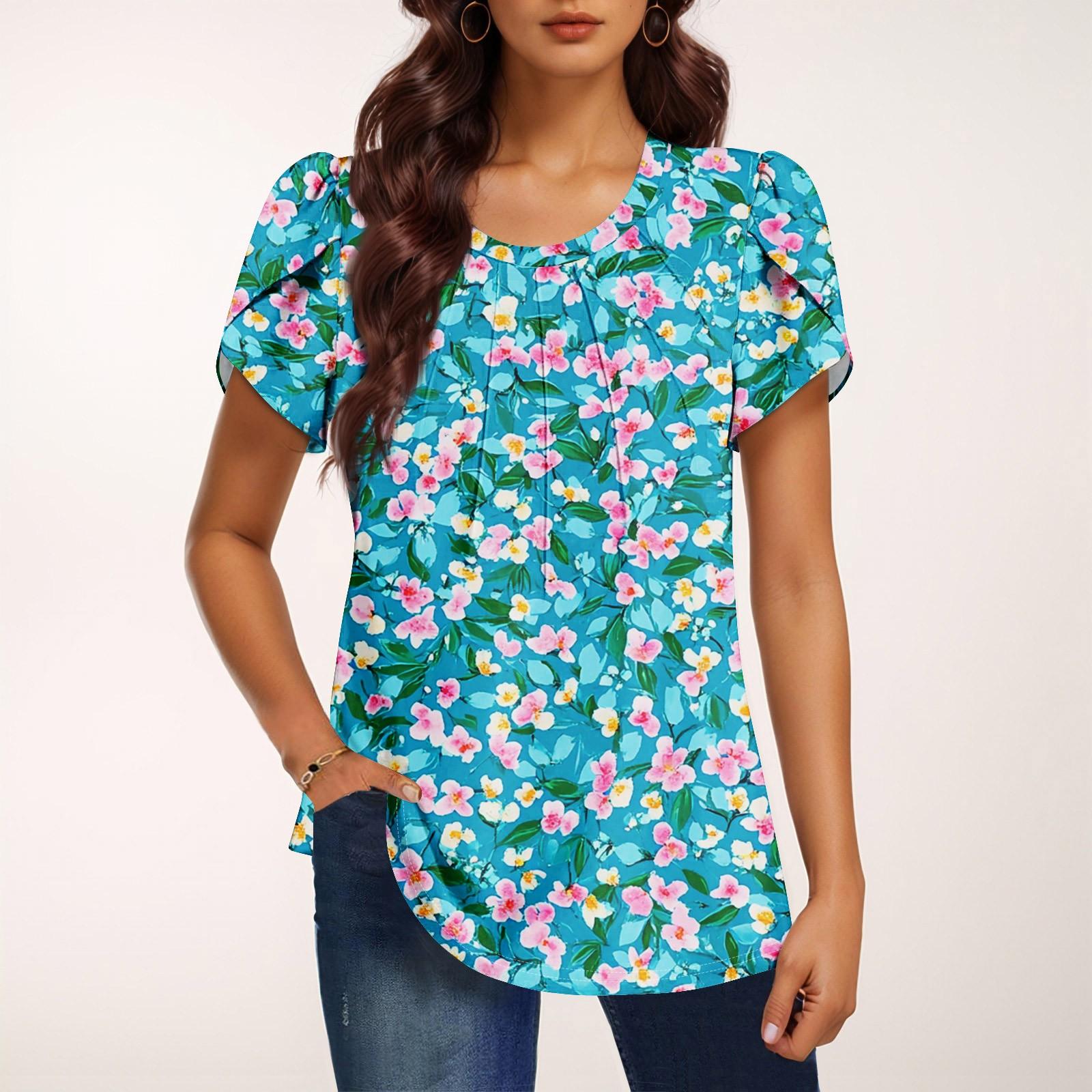 

Женская модная футболка с круглым вырезом и коротким рукавом с принтом, повседневная, базовая, плиссированная, пуловер L