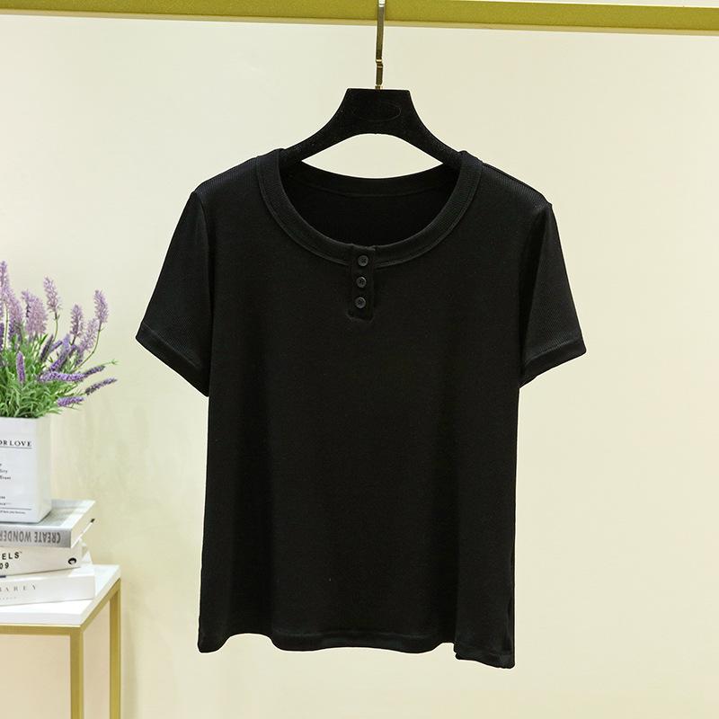 

Women s Slim Fit Thin Button-Design Ribbed Cotton T-Shirt with Round Neck and Short Sleeves 2XL [65-73 kg] чорний