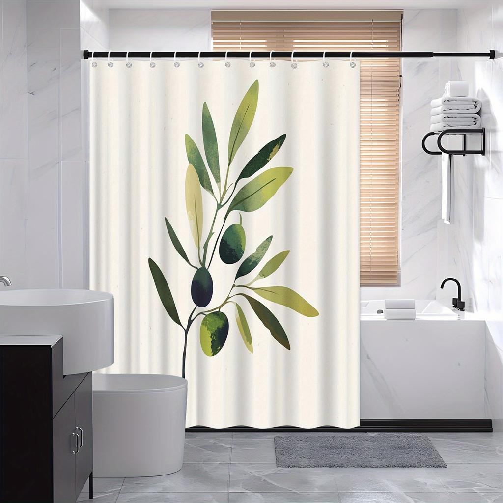 Olive Branch Shower Curtain - 70.8x70.8 Inches, Polyester, Machine Washable, Botanical Theme, Elegant Minimalist Design