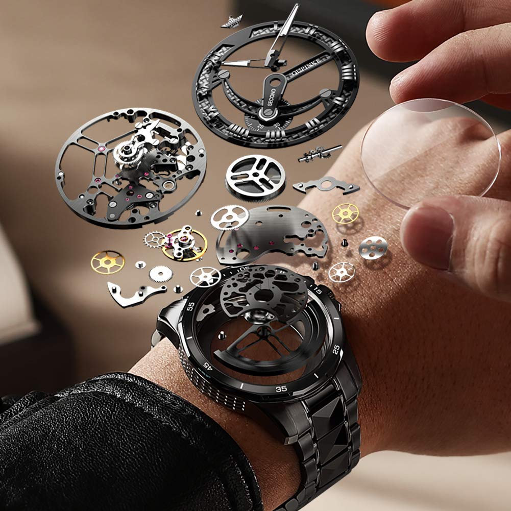 Skelettierte mechanische Automatik-Luxusuhr, Skelett, 50 m wasserdicht, Saphirglas, Wolframband, leuchtend, schwarz, Uhr für Herren