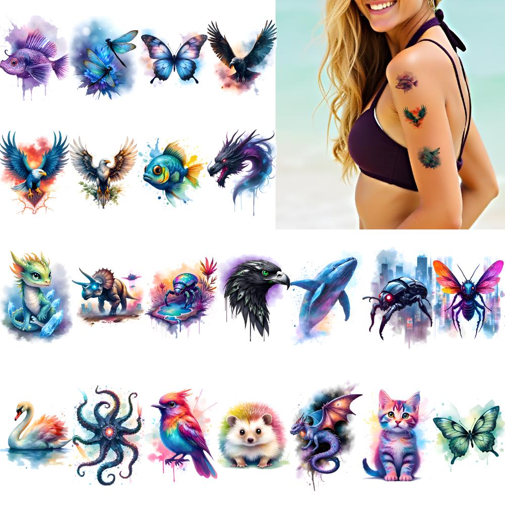28 Stück Temporäre Tattoos Fantasiewesen Wasserdicht Langanhaltend Körperaufkleber Tierdesigns Aquarell Für Arme Wangen