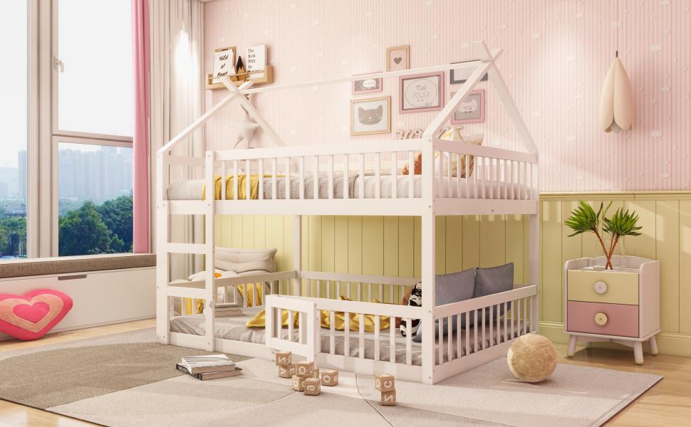 Children's Bunk Bed 140*200, Children's Family Bed, Bunk Bed with Staircase, Loft Design, Solid Wood Bunk Bed Frame, White
