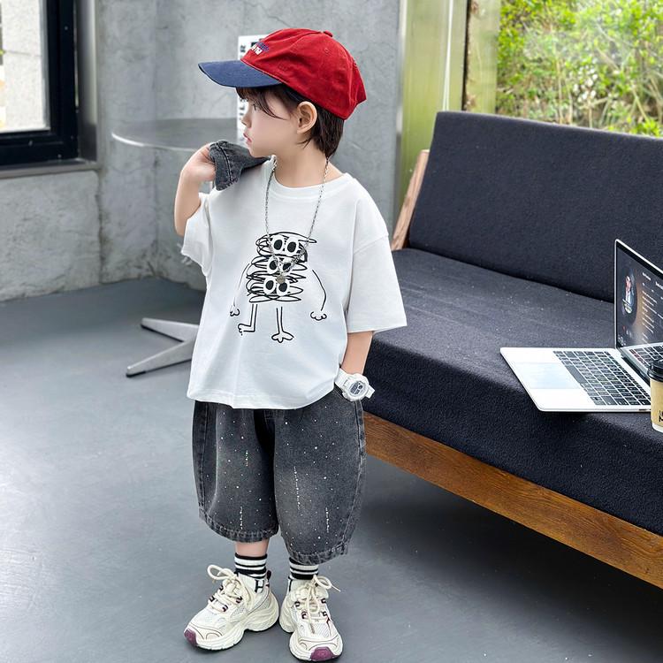 Boys Fashion Cartoon Print T-shirt, Denim Rhinestone Vest, and Shorts Set - Summer 2026 150 cm