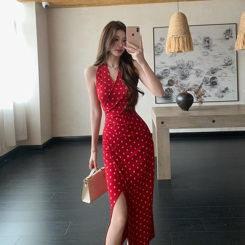 Summer New Versatile French V-neck Waist Long Dress Slim Polka Dot Dress Split Ends and Thin Temperament Long Dress Women