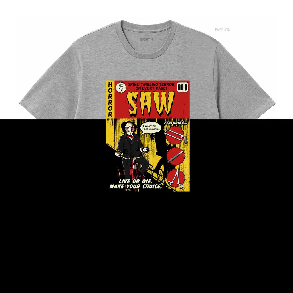 Comic Book Cover Saw T Shirt Horror Movie Inspired with Spine Tingling Design vintage Washed Versatile Slightly Comfortable