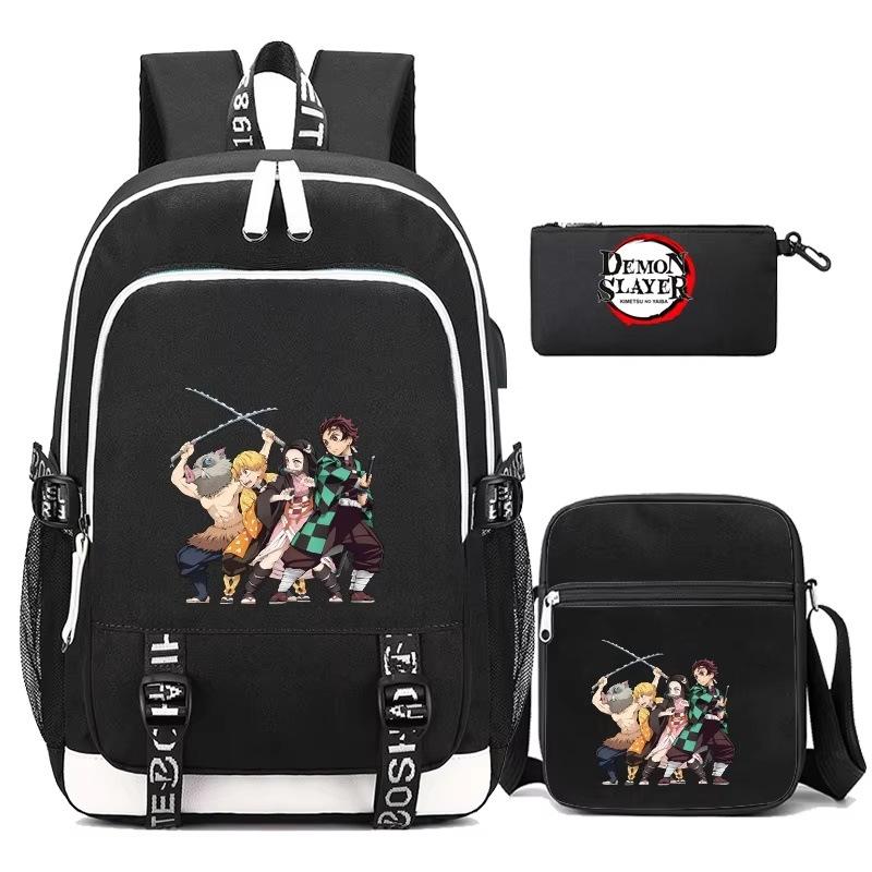 

New student schoolbag three-piece set, ghost extinguishing peripheral printed backpack, men s and women s versatile casual shoulder bag, pencil bag. Average Size